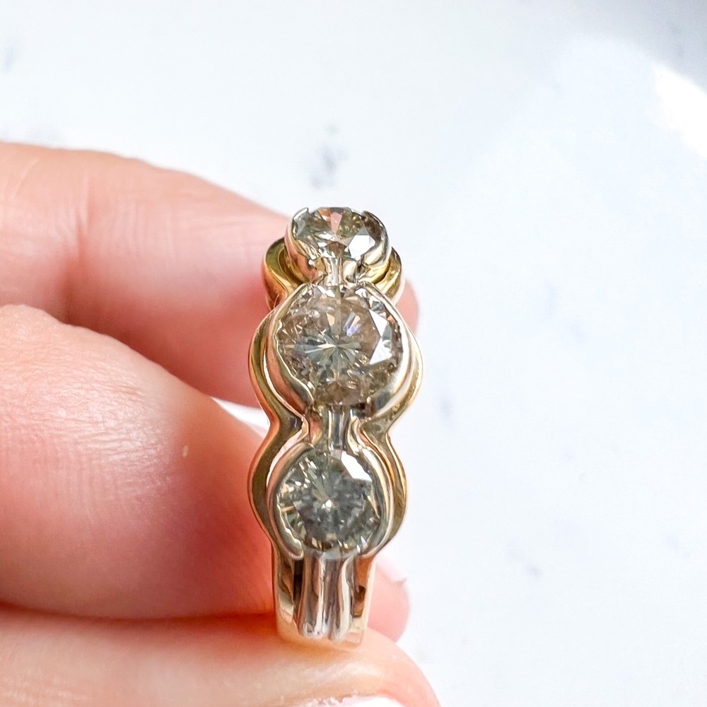 14K Yellow Gold Three Champagne Diamond Vintage Band Ring - Picture 8 of 12